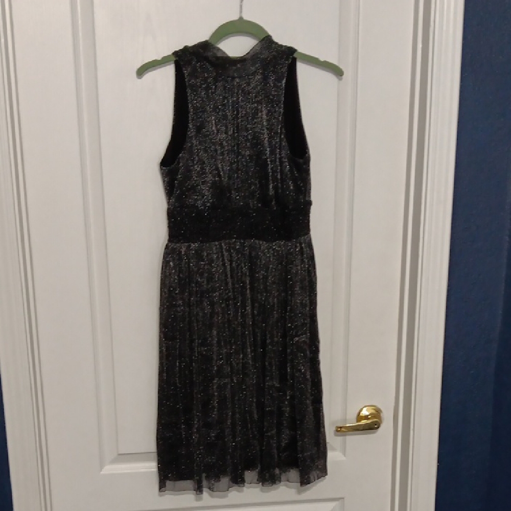 London Times Black and Silver Pleated Halter Cocktail Dress